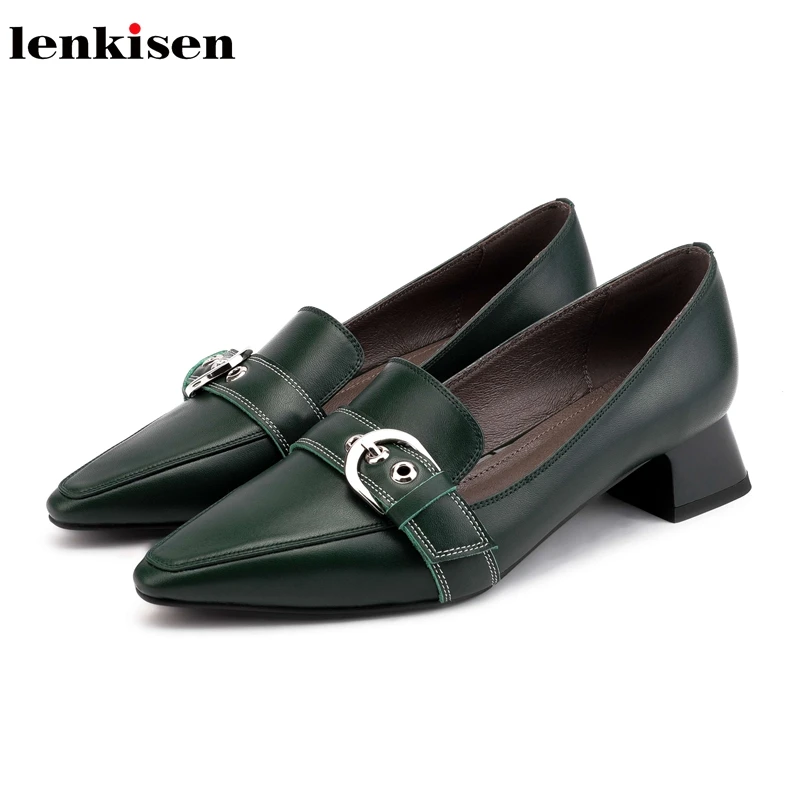 

Lenkisen genuine leather woman pumps med heels pointed toe streetwear fashion gentlewomen buckle straps office autumn shoes L78