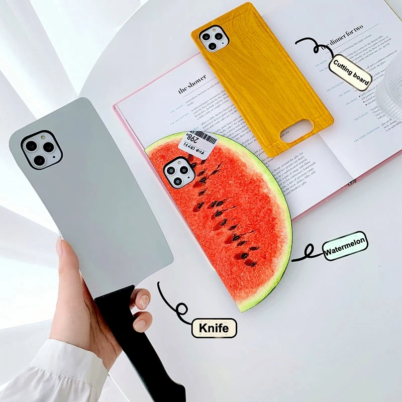 

3D Cartoon Simulation Kitchen knife Phone Case For iPhone 11Pro SE XR Xs Max 7 8Plus Cutting Board Watermelon Pattern Soft Cover