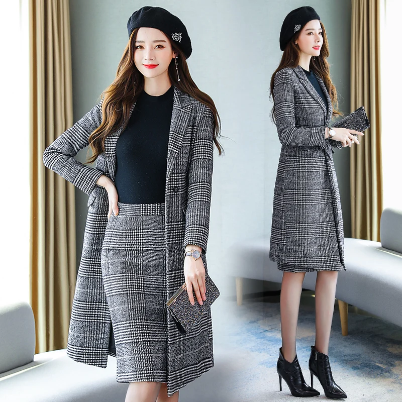 Women Two Pieces Sets 2022 Spring Autumn Long Sleeve Woollen Trench Coat Winderbreakers Cardigan+Skirt Lady Thicken Suits |