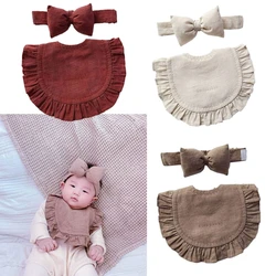 2Pcs Baby Bib and Bow Headband Set Solid Color Ruffles Newborn Infant Saliva Towel Burp Cloths Hair Band Feeding Smock