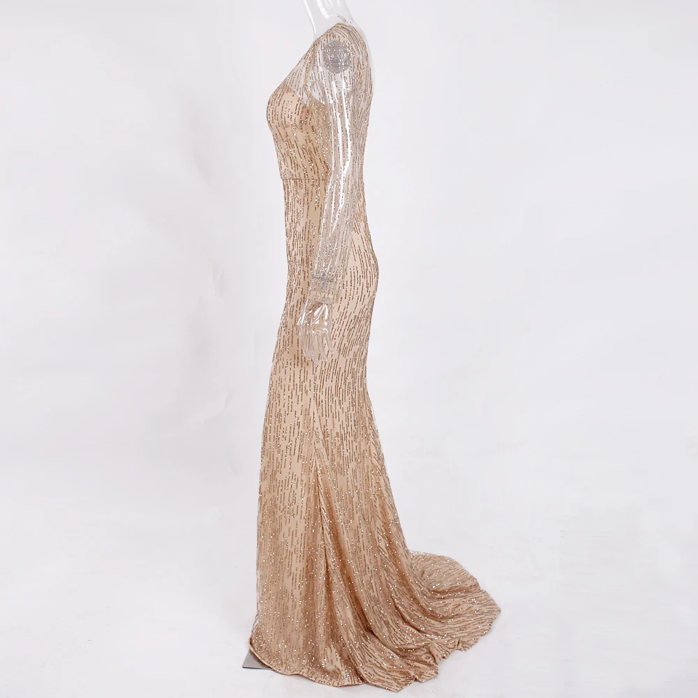 Длинное Золотое блестящее платье макси с длинными рукавами; вечернее блестящее Открытое платье в пол с открытой спиной
