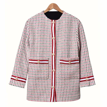 

2020 New Stripes Patchwork Women Knitted Coat Ladies Single-breasted Tweed Plaid Jackets Top Female O-neck Outwear With Pockets