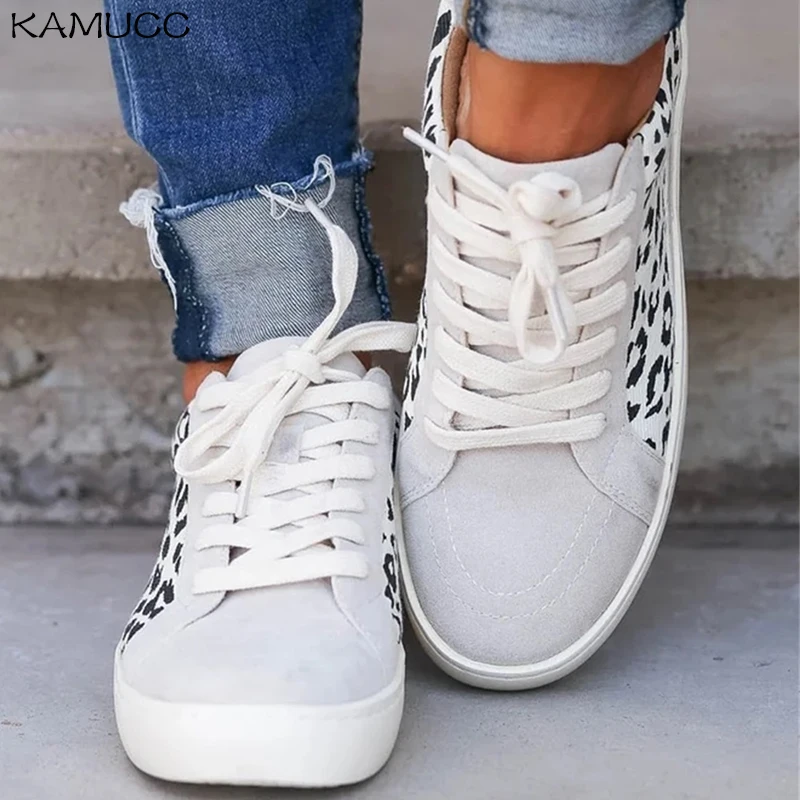 Zapatillas de Moda de Primavera para mujer, zapatos informales con cordones y estampado de leopardo para correr al aire libre y caminar, planos cómodos, novedad de 2021
