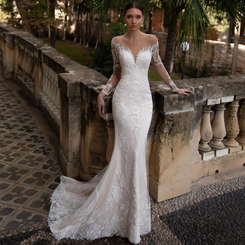 

VENSANAC Illusion Crystal O Neck Mermaid Wedding Dresses Lace Appliques Long Sleeve Sweep Train Bridal Gowns