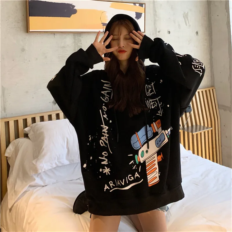 sudaderas blancas sueltas de manga larga de otouno con estampado de dibujos animados Harajuku con capucha ropa de calle Kwai
