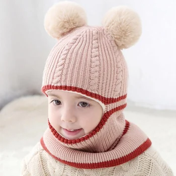 

Baby Girls Boys Thicken Warm Fleece Scarf Hats Protector Face Caps Winter Children Pompom Ball Crochet Knitting Hats