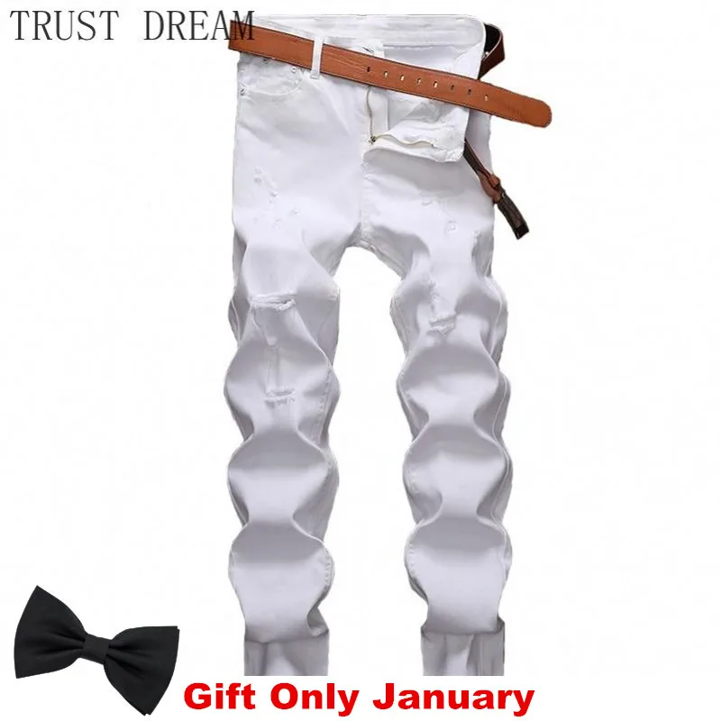 Весенние мужские рваные джинсы обтягивающие однотонные белые черные Стрейчевые