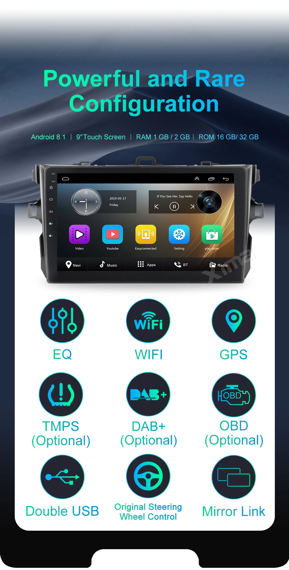 Оперативная память 2G android 9,0 2Din автомобиль радио мультимедиа плеер для Защитные чехлы для сидений, сшитые специально для Toyota Corolla E140/150 2007 2008 2009 2010 2011 2012 2013 с Автомобильный видеорегистратор
