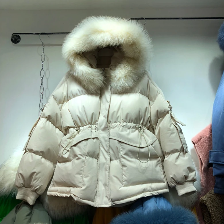 Winter Parka Warm Cotton Padded Real Fox Fur Big Hair Collar Plus Thick Down Cotton Coat Ladies Street Wear Windproof Overcoat