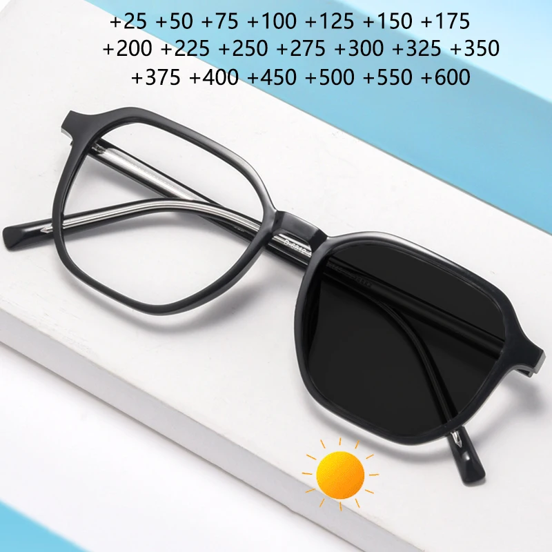 

Polygonal Photochromic Reading Glasses Men Women Oversized Presbyopic Glasses Full Frame Magnifying Ultralight Eyeglasses +150