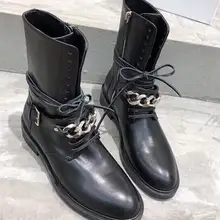 BONJEAN/женские кожаные ботинки высокого качества; обувь на плоской подошве с круглым носком на шнуровке; осенние ботильоны с украшением в виде цепочки; ботинки для верховой езды
