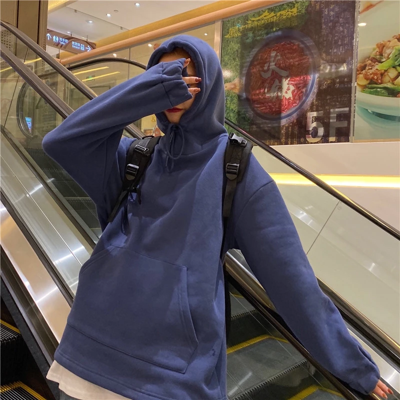 Осень Harajuku толстые толстовки женские корейские однотонные свободные пуловеры с капюшоном с заниженным плечом студенческие шикарные флисовые теплые толстовки