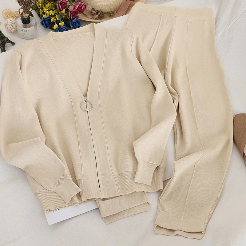 

Новинка осени 2021, женские спортивные костюмы, вязаный кардиган + брюки до щиколотки, спортивная одежда, женский спортивный костюм