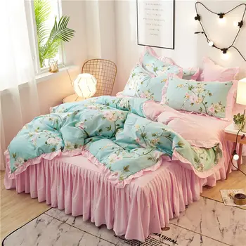 

Brushed Cotton Soft Duvet Cover set Girls Flowers printed Colorful 4Pcs Queen size Bedding set with Bed skirt 2Pcs Pillowcases