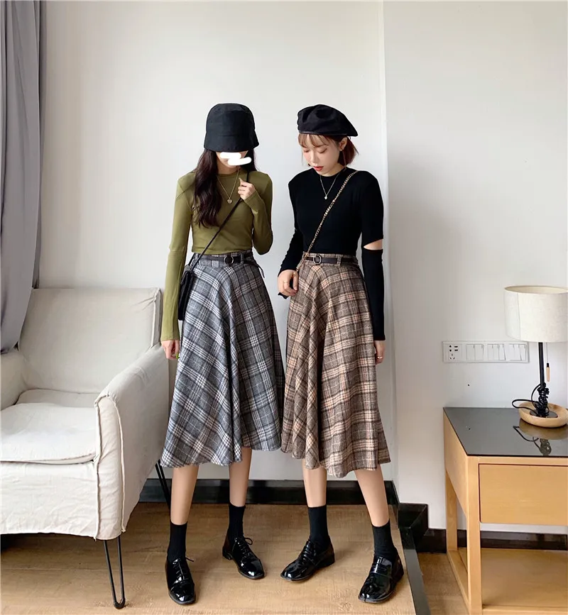 Harajuku длинные юбки женские Осень Зима Высокая талия плиссированная шерстяная клетчатая юбка Уличная Одежда большого размера миди юбка куртка femme