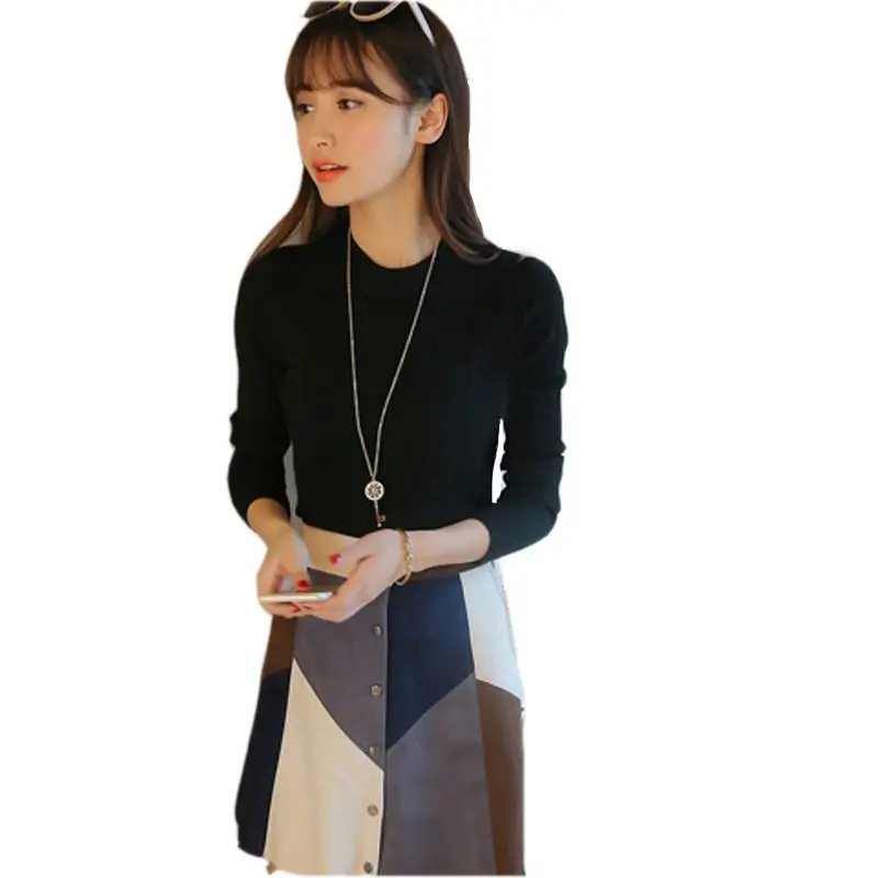 

2019 Autumn Women Slim Sweater Round Collar Solid Color Long-Sleeved Casual Wild Bottoming Tops Knitted Sweaters Female