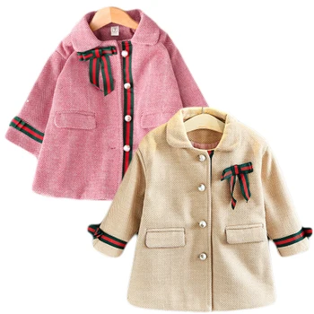 

2020Winter Kid Girls Coat Autumn Warm Woolen Coat Overcoat Cute Bow Cotton Padding Thick Baby Girl Outerwear Jacket Kids Clothes