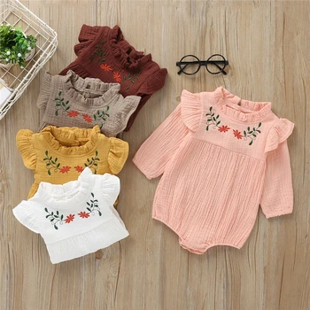 

Newborns Baby Girls Bodysuit Floral Embroidery Ruffled Ruched Long Sleeve Fashion Autumn Winter Jumpsuit Clothes 0-18 Month A20