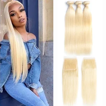 

Sapphire Honey Blonde Bundles With Closure Brazilian Remy Straight Human Hair Weave 613 Bundles With Closure Free Shipping