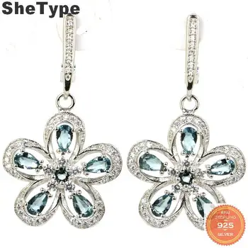 

41x22mm New Arrival 7.9g Created Pink Tourmaline London Blue Topaz CZ Sister European Style 925 Solid Sterling Silver Earrings