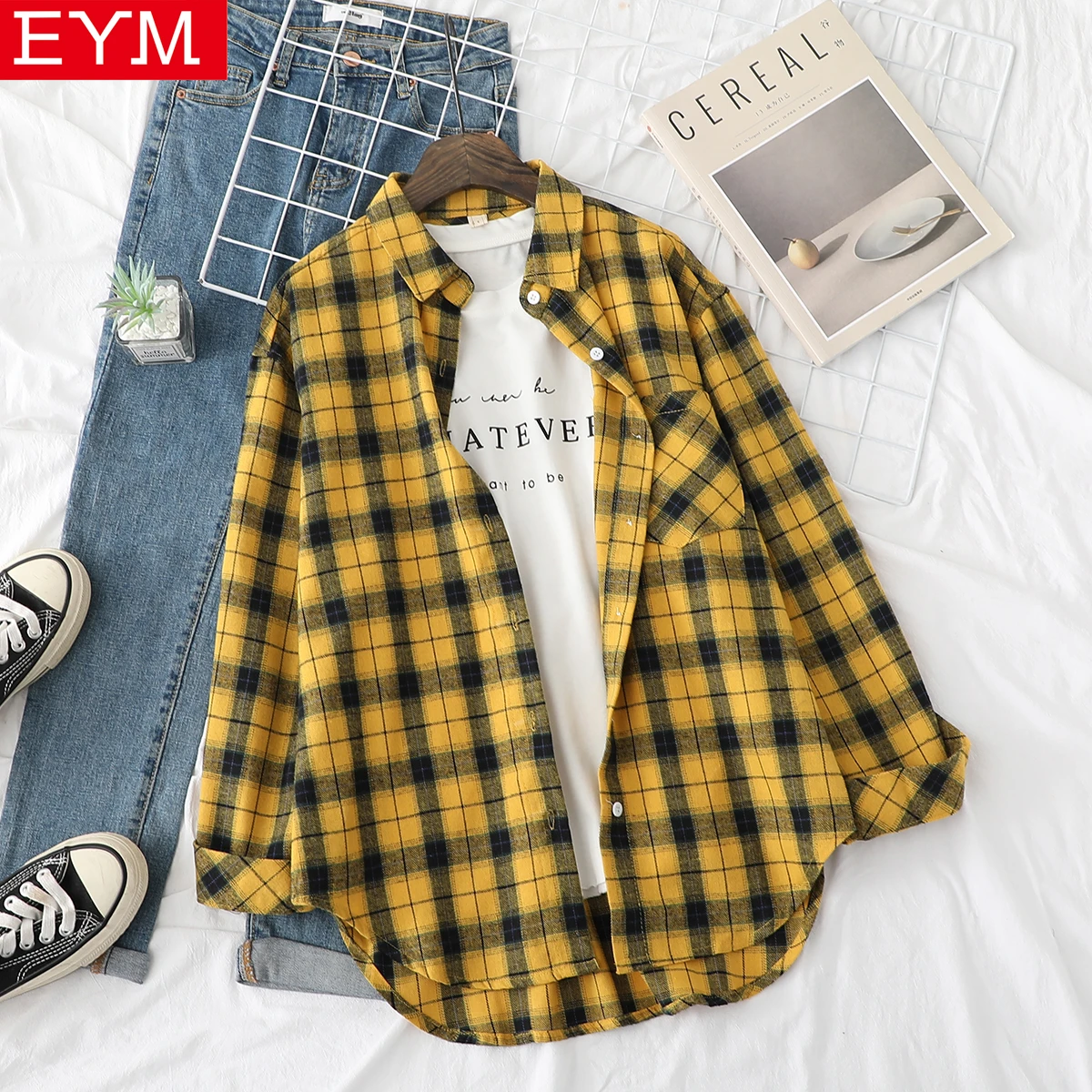Blusa informal de manga larga para camisa a cuadros y amarillos, estilo universitario, novedad de otoño, 2022|Camisa| - AliExpress