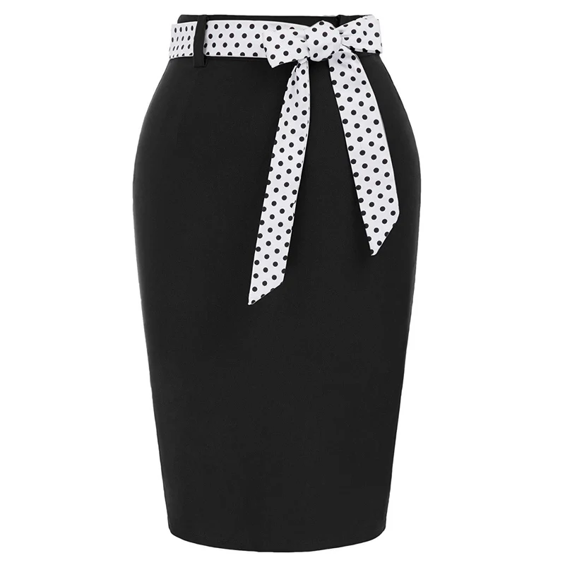 1 Polka Dot Printed Summer Pencil Skirt Women High Waist Patchhwork Bow Vintage 50s Elegant Casual Party Bodycon Midi Skirts - Color: 1