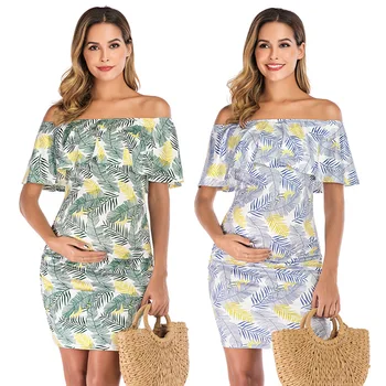 

New Bohemian Sexy Maternity Dress Horizontal Neck Printed Pregnant Dress Large Size Clothing Maternity Set Clothes