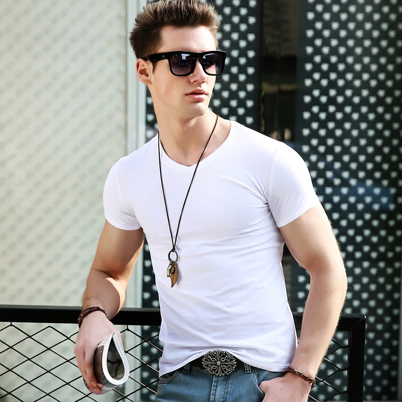 

Cotton T Shirts Men Steetwear Skinny Slim Fit V Neck Short Sleeves TShirts For Man White Black solid Tees 2019 Summer Fashion