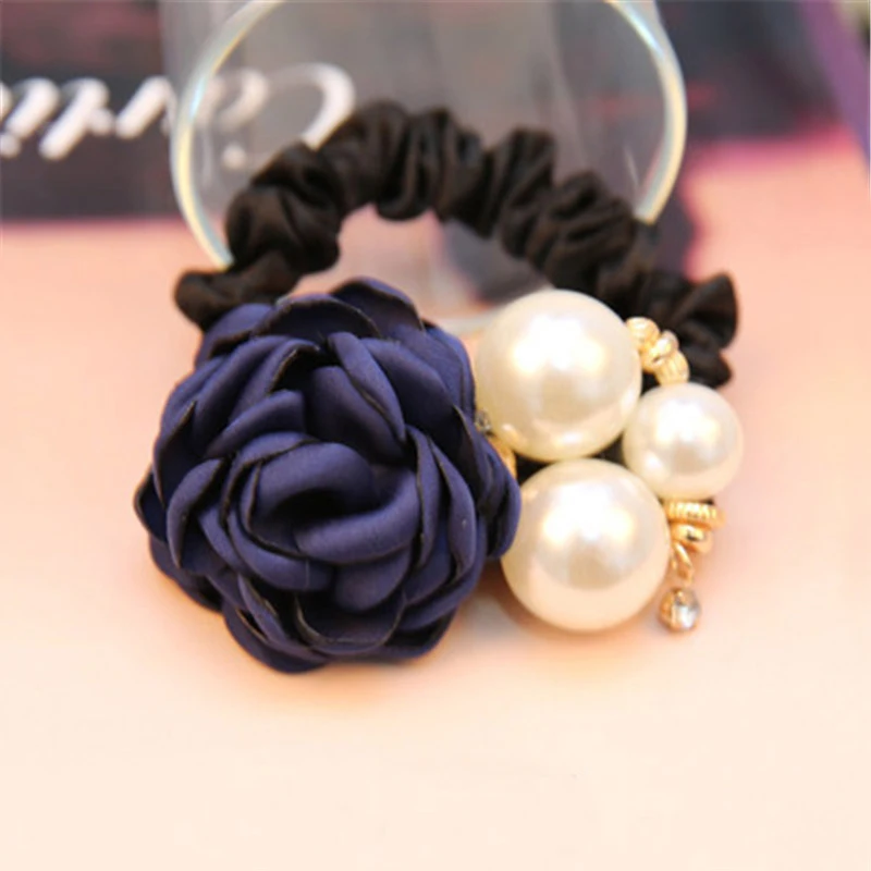 Navy Blue 1 шт. аксессуары для волос женский модный стиль большой с цветами роз и жемчугом Стразы резинки для волос резинка для волос кольцо 5 цветов для девочек - Цвет: Navy Blue