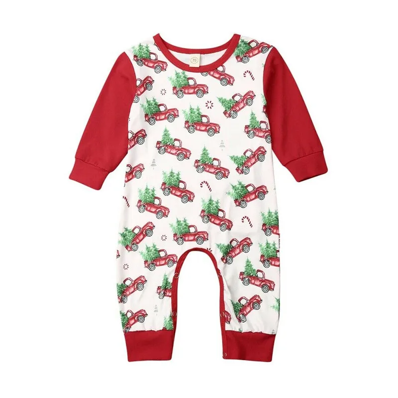 Рождественский комбинезон для новорожденных мальчиков и девочек, комбинезон с длинными рукавами и рисунком рождественской елки и машины, комплект одежды со штанами