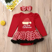 Pudcoco Одежда для новорожденных девочек My 1st Рождество печати рюшами комбинезон повязка на голову 2 шт. наряды одежда Рождественский комплект