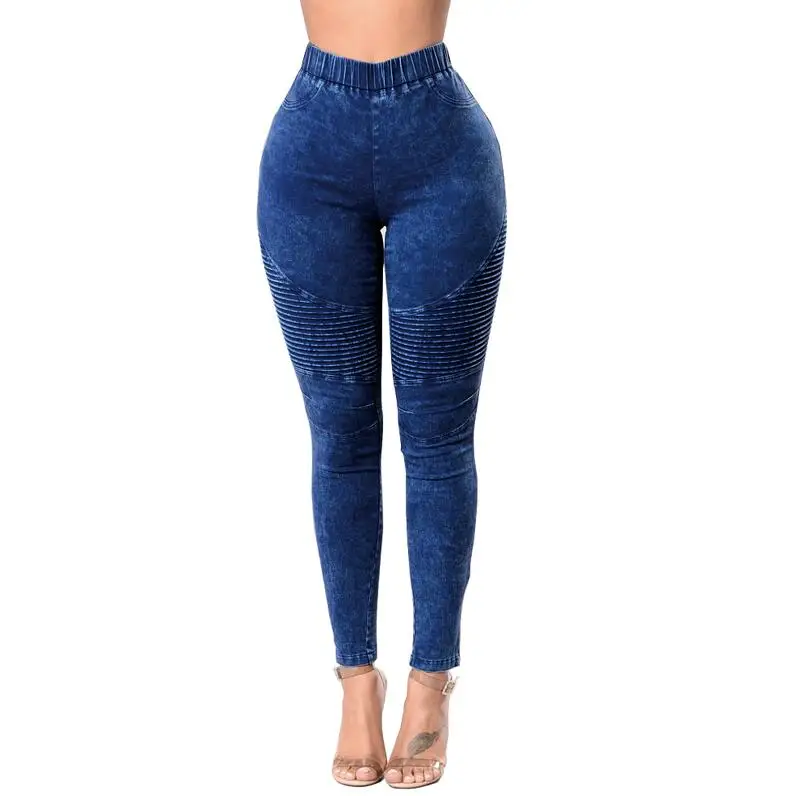 dark blue Весна Осень Фитнес обтягивающие джинсы женские повседневные узкие брюки плиссированные эластичные джинсы до талии облегающие брюки 7 цветов - Цвет: dark blue