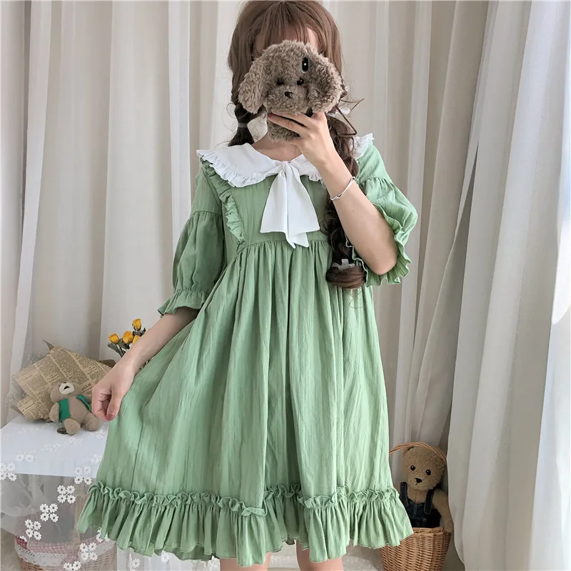 

Japanese Summer Women's Sweet Lolita Short Sleeve Dress Ruffle Cute Bowknot Tied Lantern sleeve Young Girl Student Loose Dress