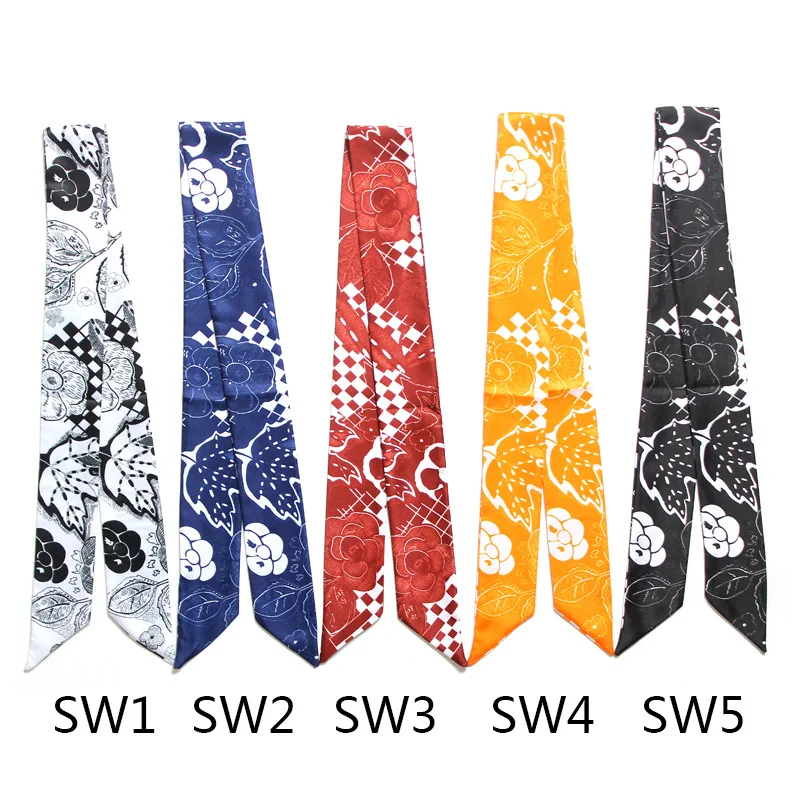 

2019 New Camellia Print Silk Scarf Women Luxury Brand Scarf Bag Ribbons Fashion Head Scarf Small Long Skinny Scarves B024