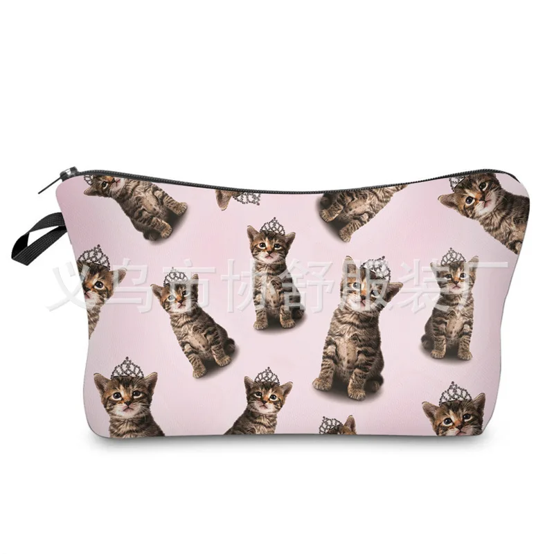 Cross Border High-definition Hot Selling Wear Crown Kitten Cosmetic Bag 3D Printed Europe And America Women's Daily Life Clutch