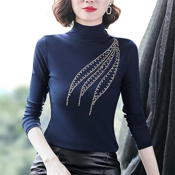 

Autumn Winter Elegant Blouse Long Sleeve Plus Size Tops Undershirt Women Turtleneck Diamond Black Mesh Blouses Blusa Mujer
