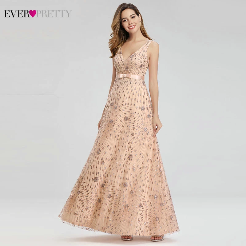 Robe De Soiree Ever Pretty Розовое Золото Вечерние платья Длинные трапециевидные v-образный вырез бант пояса элегантные Официальные Вечерние платья Abendkleider