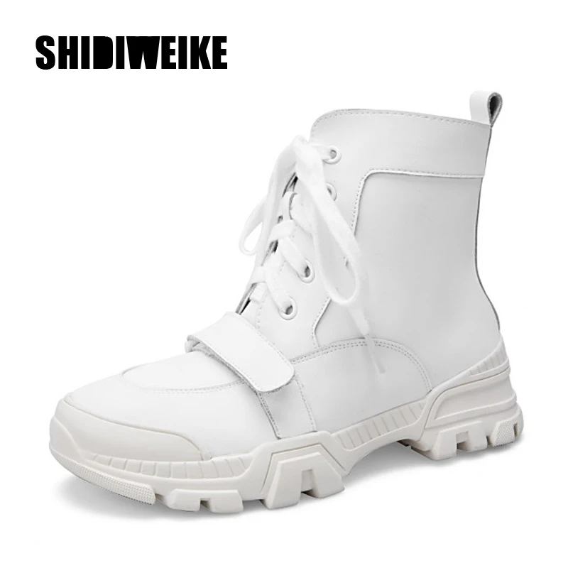 

Women's Boots Women's lace-up Genuine Leather Booties 2019 Autumn Winter New Women's platform warm Leisure Boots zapatos mujer