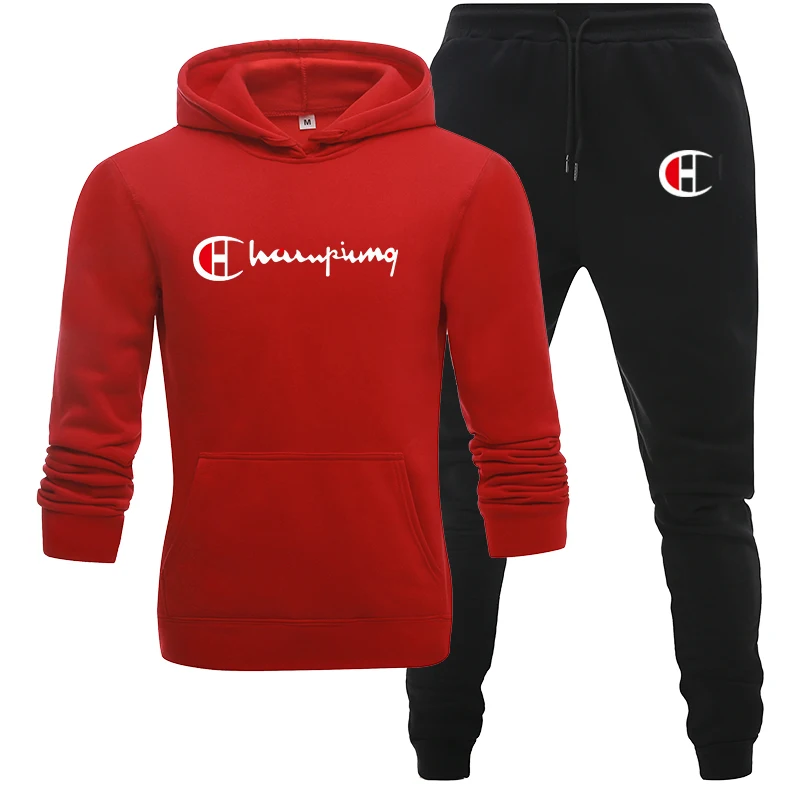 red black Спортивный костюм, мужской спортивный флисовый плотный брендовый костюм с капюшоном, повседневный спортивный костюм, мужская куртка+ штаны, теплая зимняя толстовка с мехом внутри - Цвет: red black