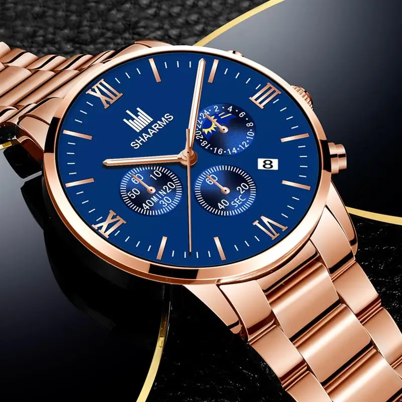 

SHAARMS Rose Gold Men Watch Stainless Steel Band Male Watches Fashion Date Business Clock Relogio Masculino Luxury Wristwatch