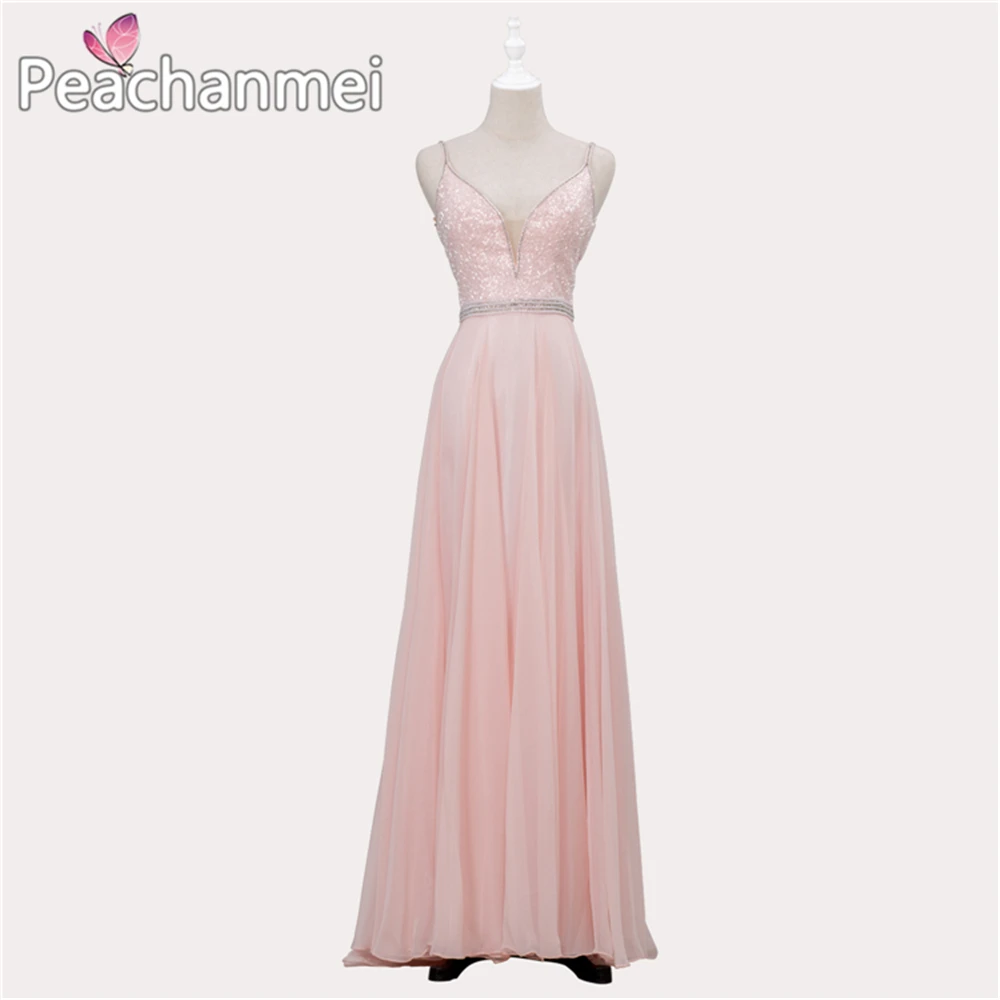 

Chiffon A Line Formal Evening Dress Long Robe De Soiree Sash Prom Dresses 2020 V-Neck Backless Elegant Sexy Sequins Ball Gowns