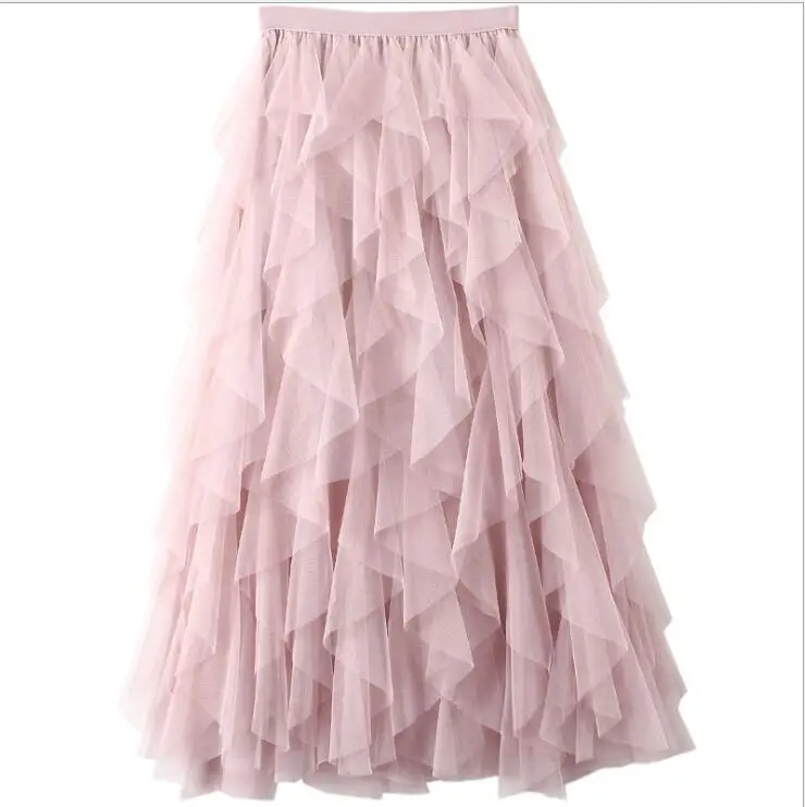 

2020 Tulle Women Long Maxi Skirt 2020 Korean Cute Pink High Waist Pleated Skirt Female School Pleated skirt elf daughter gift
