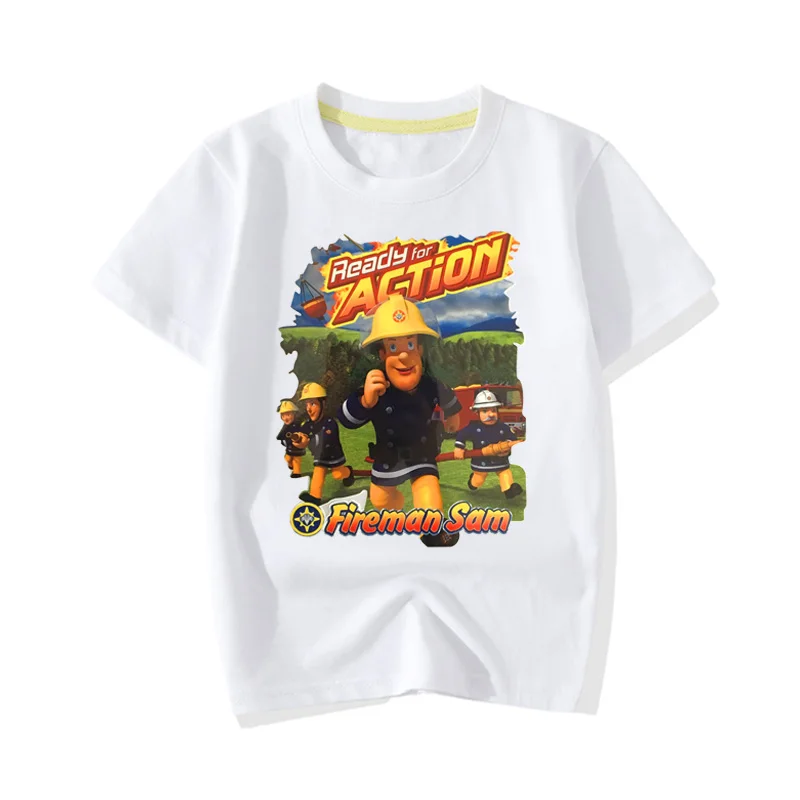 Новое поступление, футболки с героями мультфильмов «Пожарный Сэм» Детская летняя одежда повседневные футболки с короткими рукавами белого и розового цвета для мальчиков и девочек, одежда JY069