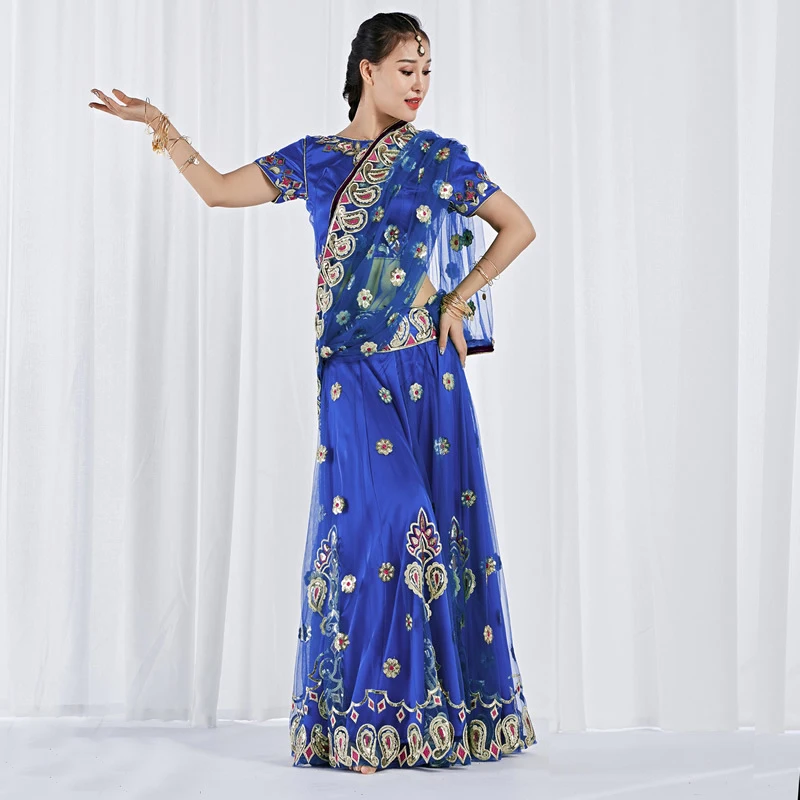 Royel blue 3pcs Комплект из 3 предметов для танца живота, Восточный Костюм для танца живота, топ+ юбка+ шарф, Индийский Болливуд, танцевальный сценический комплект, сари, Национальный танцевальный костюм - Цвет: Royel blue 3pcs