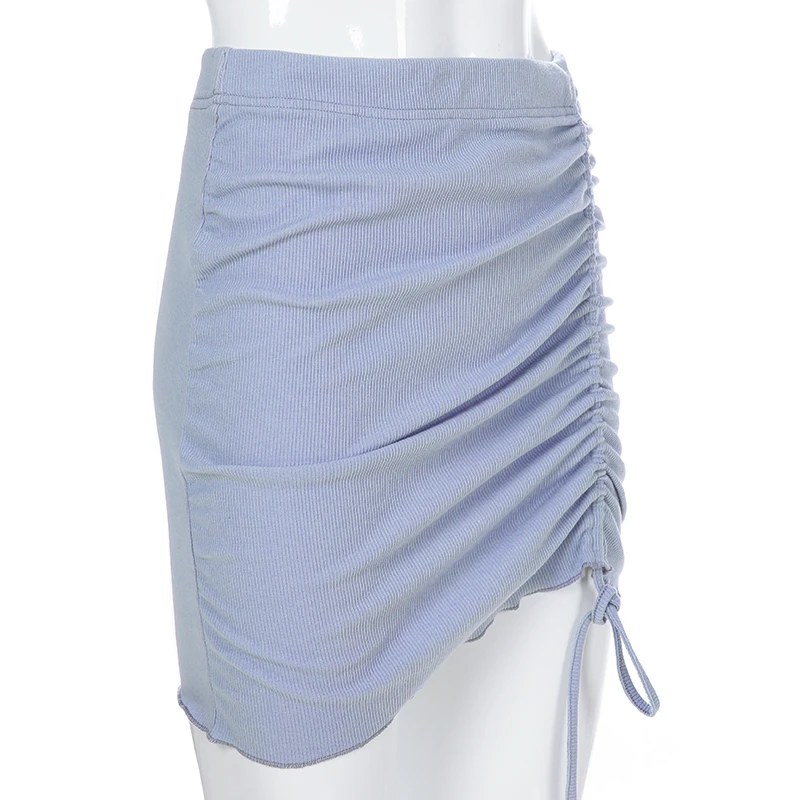

2020 Summer New Blue Solid Ruched Mini Skirts Womens Streetwear Elastic High Waist Korean Fashion Skirt Good Quality