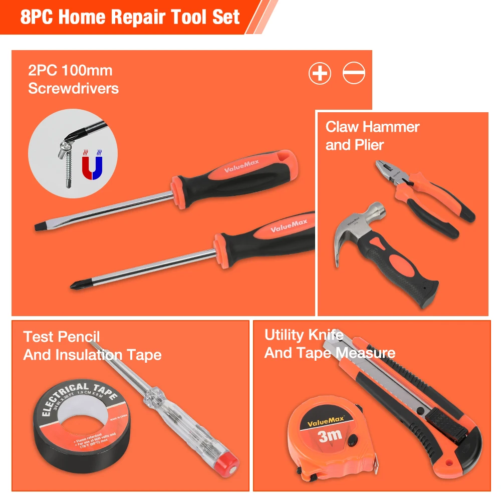 ValueMax 8PC Home Tool Set Simple Home Repair Tool Set With Screwdriver Test Pen Plier Knife Portable Tool Box