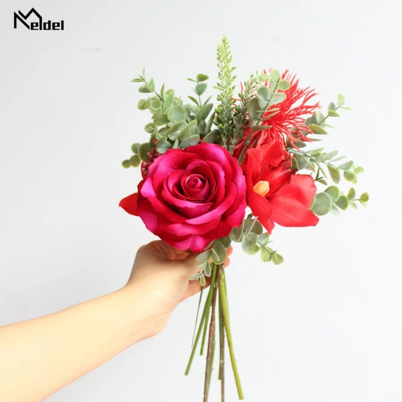 

Meldel Flower Bouquet Handmade Wedding Bouquet Flower Bridal Bouquets Red Artificial Silk Rose Orchid Wholesale Wedding Supplies