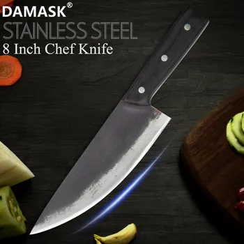 

Damask Handmade Forged 8 Inch Kitchen Chef Knife With Full Tang Handle Wood Handle High Carbon Clad 4Cr13 Steel Chef Knife