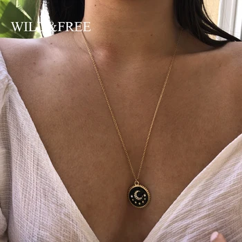 

Wild&Free Women Crystal Enamel Round Pendant Necklace Jewelry Long Gold Chain Necklace With Moon & Star Fashion Choker Pendiants