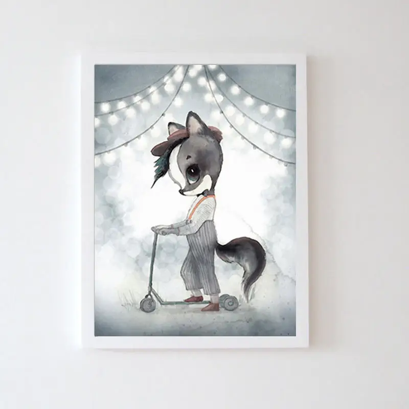 Nordic-Spray-Color-Rabbit-Girl-Canvas-Painting-Cartoon-Bicycle-Boy-Circus-Lion-Whale-Wall-Picture-Animal (7)